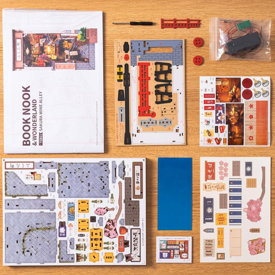 DIY Sakura Wine Alley Wooden Book Nook - 3D Wooden Puzzle Book Nook